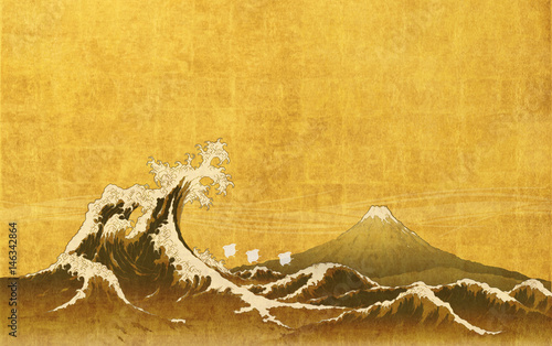 和風背景素材　大波と富士山
