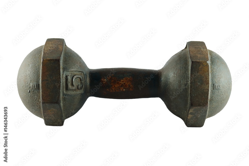 Five kilogram old rusty dumbbell isolated on white background Five kilogram old rusty dumbbell isolated on white background