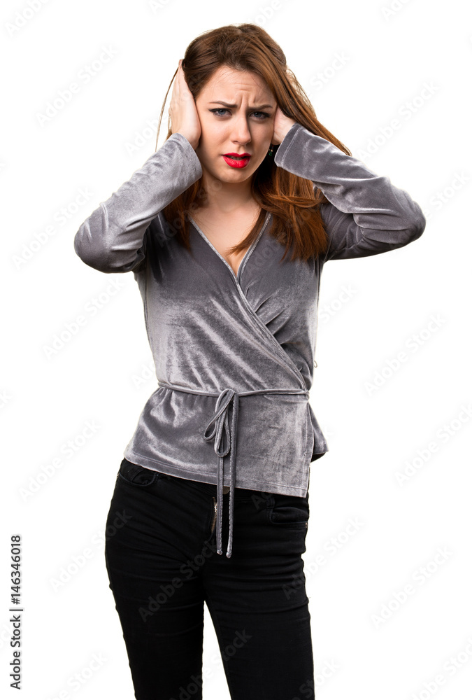 Beautiful young girl covering her ears Beautiful young girl covering her ears