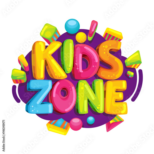 Kids zone vector cartoon logo. Colorful bubble letters for children's playroom decoration. Inscription on isolated background
