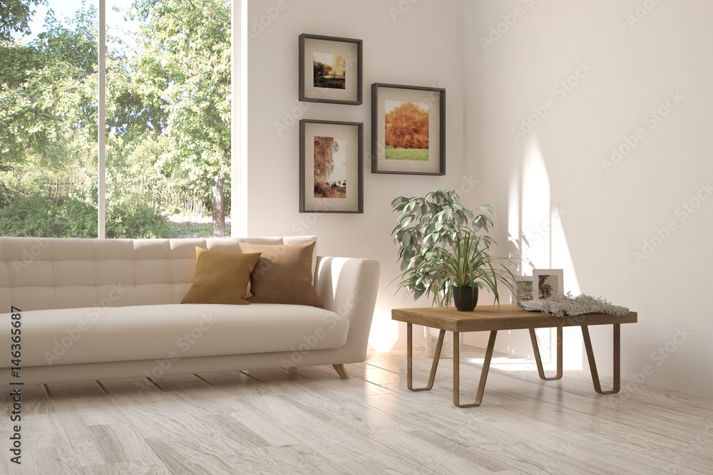 Fototapeta premium White room with sofa and green landscape in window. Scandinavian interior design. 3D illustration