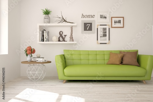 White modern room with sofa. Scandinavian interior design. 3D illustration