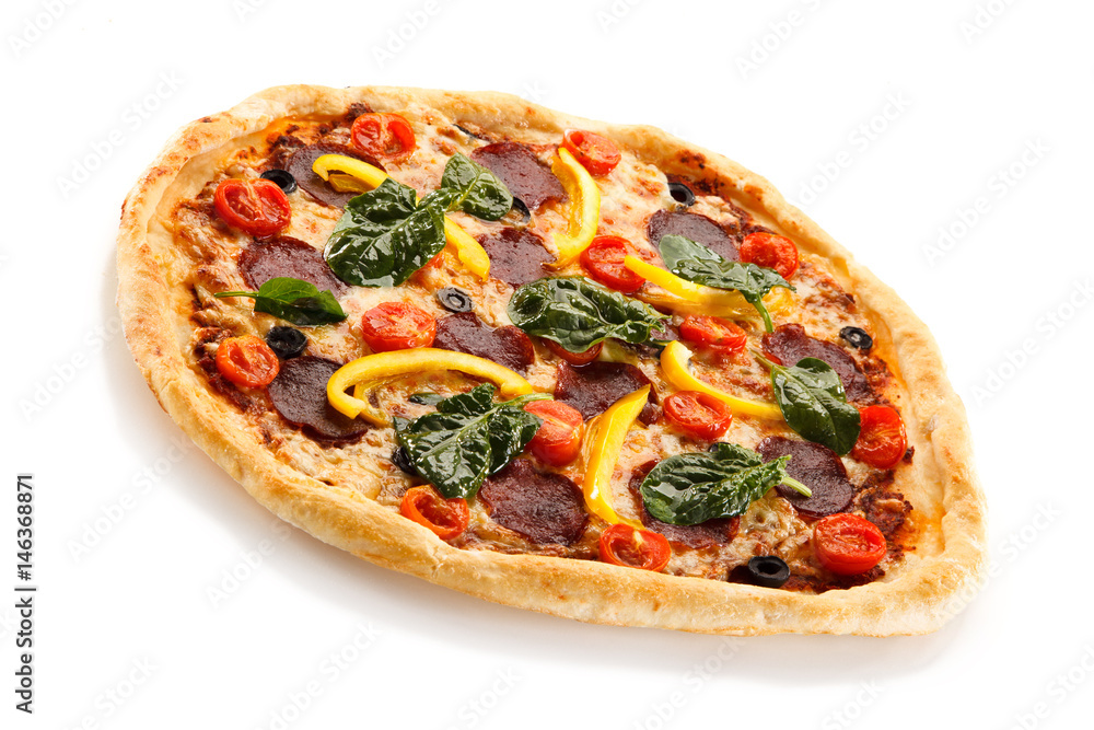 Pizza pepperoni with spinach isolated Pizza pepperoni with spinach isolated