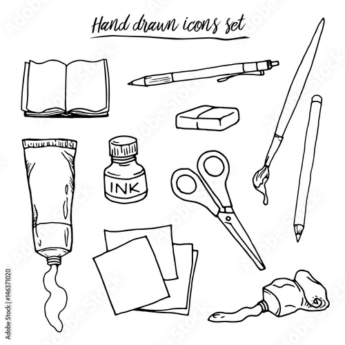 Hand drawn black vector art supplies icons isolated on white background