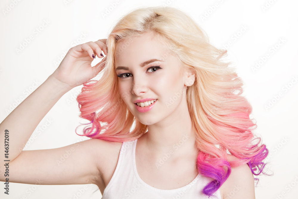 youth women with colored curly hair on the white background. Beauty. Isolated. Studio. Gradient youth women with colored curly hair on the white background. Beauty. Isolated. Studio. Gradient