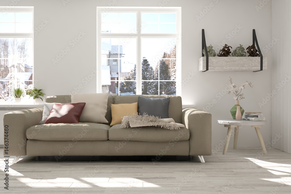 White room with sofa and winter landscape in window. Scandinavian interior design. 3D illustration White room with sofa and winter landscape in window. Scandinavian interior design. 3D illustration
