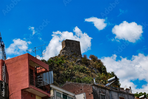 The ancient medieval tower in Forza d'Agro town. Sicily