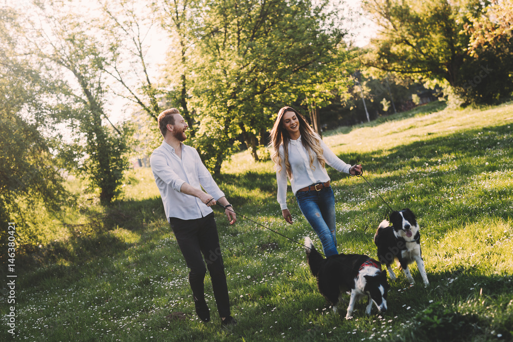 Obraz premium Beautiful couple cuddling and walking dogs outdoors