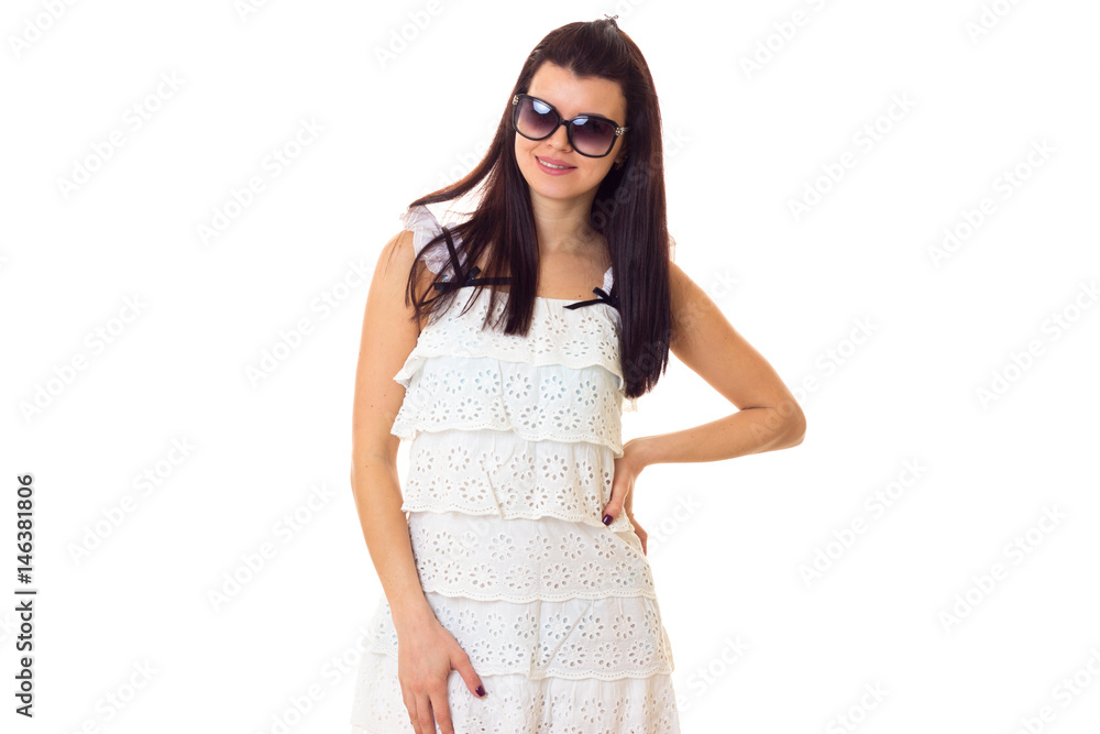 Young woman in lace dress with sunglasses Young woman in lace dress with sunglasses