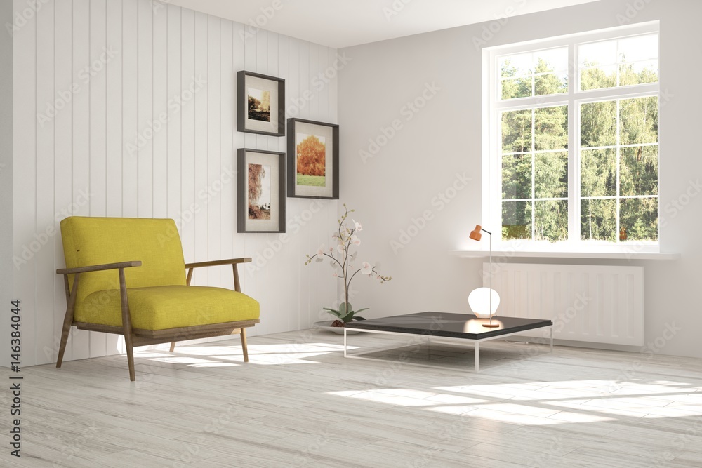 White room with armchair and green landscape in window. Scandinavian interior design. 3D illustration White room with armchair and green landscape in window. Scandinavian interior design. 3D illustration