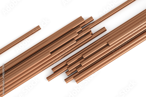 Copper pipes on a white background top view. 3d rendering