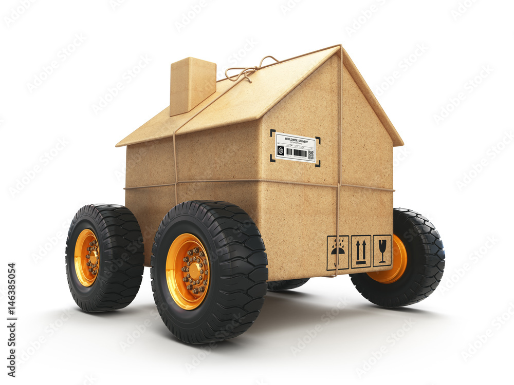 Cardboard house box with wheels isolated on white background. Moving, logistics and delivery concept.