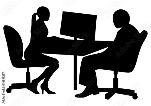 Job interview. Young business woman is interviewing a candidate sitting at a desk. Black and white vector clipart silhouette.