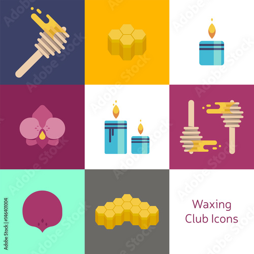 Wax spa club, beauty healthcare, body care banner. The set of vector flat icons with light and bright colours, Template image honey, honeycomb with orchid flower and warm relax candle.Печать