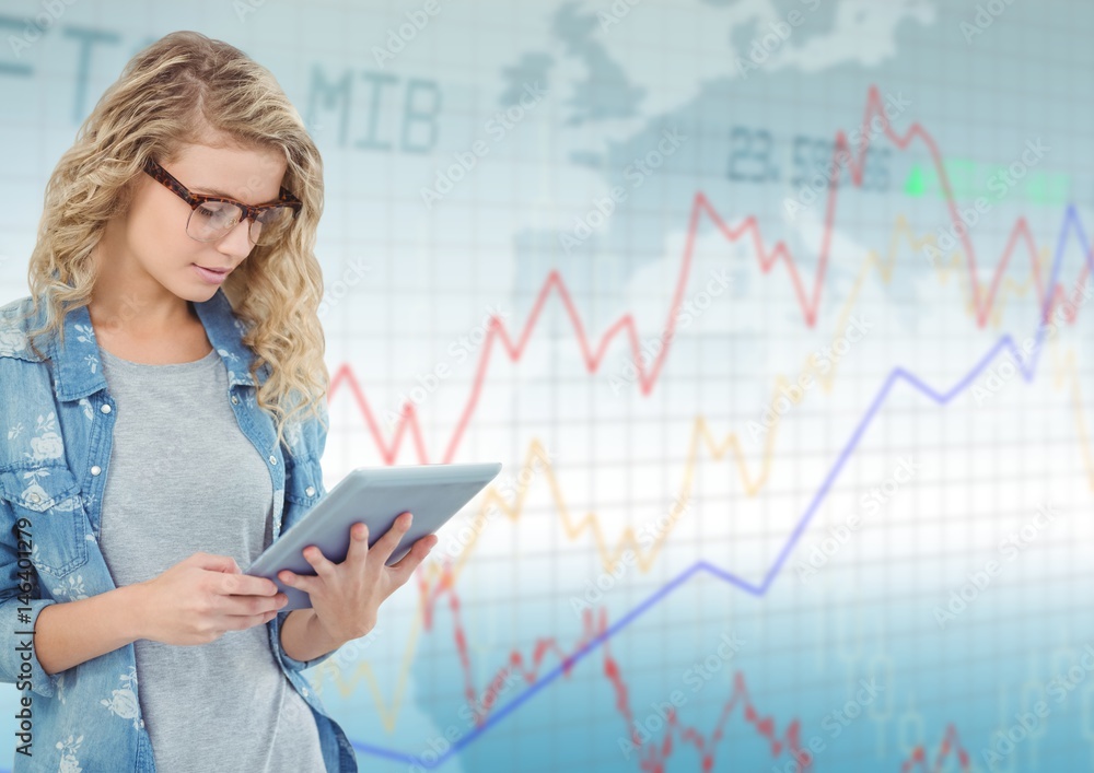 Woman with tablet against blue graph Woman with tablet against blue graph