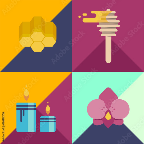 Wax spa club, beauty healthcare, body care banner. The set of vector flat icons with light and bright colours, Template image honey, honeycomb with orchid flower and warm relax candle.Печать