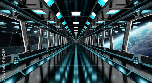 Fototapeta Naklejka Na Ścianę i Meble -  Spaceship corridor with view on the planet Earth 3D rendering elements of this image furnished by NASA