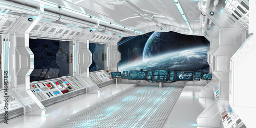 Fototapeta Naklejka Na Ścianę i Meble -  Spaceship interior with view on distant planets system 3D rendering elements of this image furnished by NASA