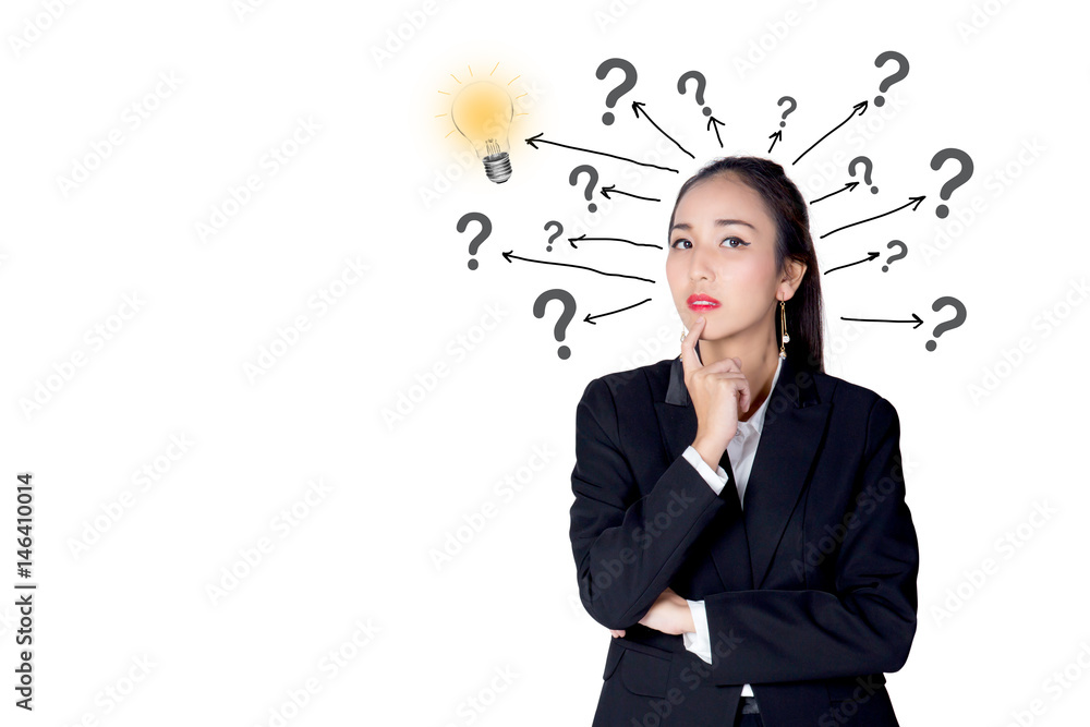 woman is standing with a light bulb and question marks isolated on white background woman is standing with a light bulb and question marks isolated on white background