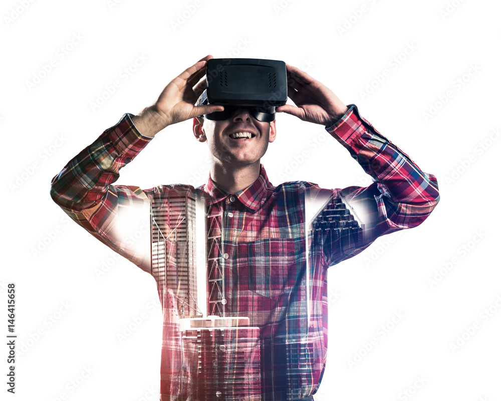 Guy wearing checked shirt and virtual mask demonstrating some em Guy wearing checked shirt and virtual mask demonstrating some em