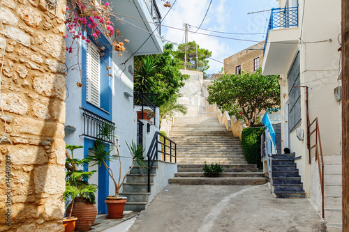 Traditional Greek color street of Sitia town on Crete island