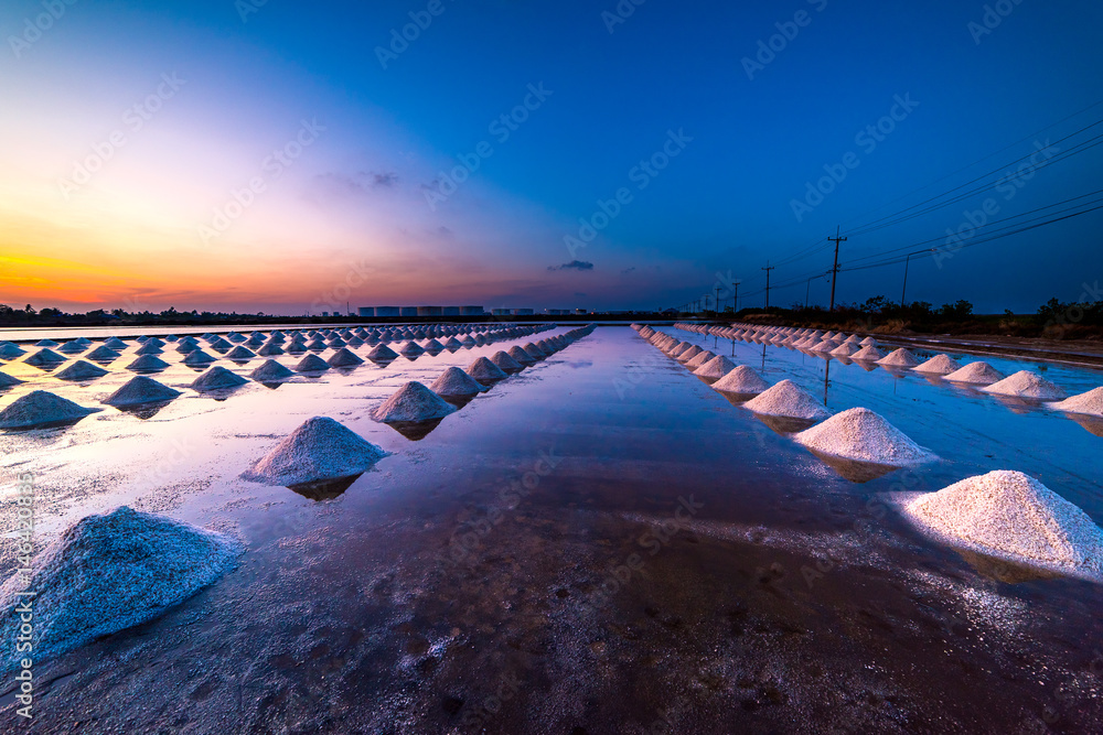 sunset in dry sea salt farm landscape