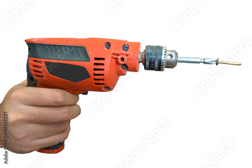 hands holding electric drill with white background