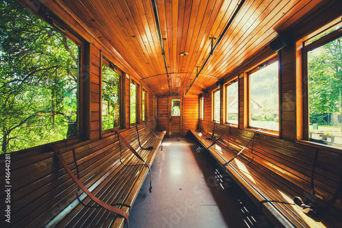Retro wooden railway carriage at station of Serbia. photo