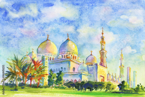 Painting Jumeirah Mosque. Hand drawn muslim sight. Watercolor arabian illustration with sky, Dubai, palm, clouds