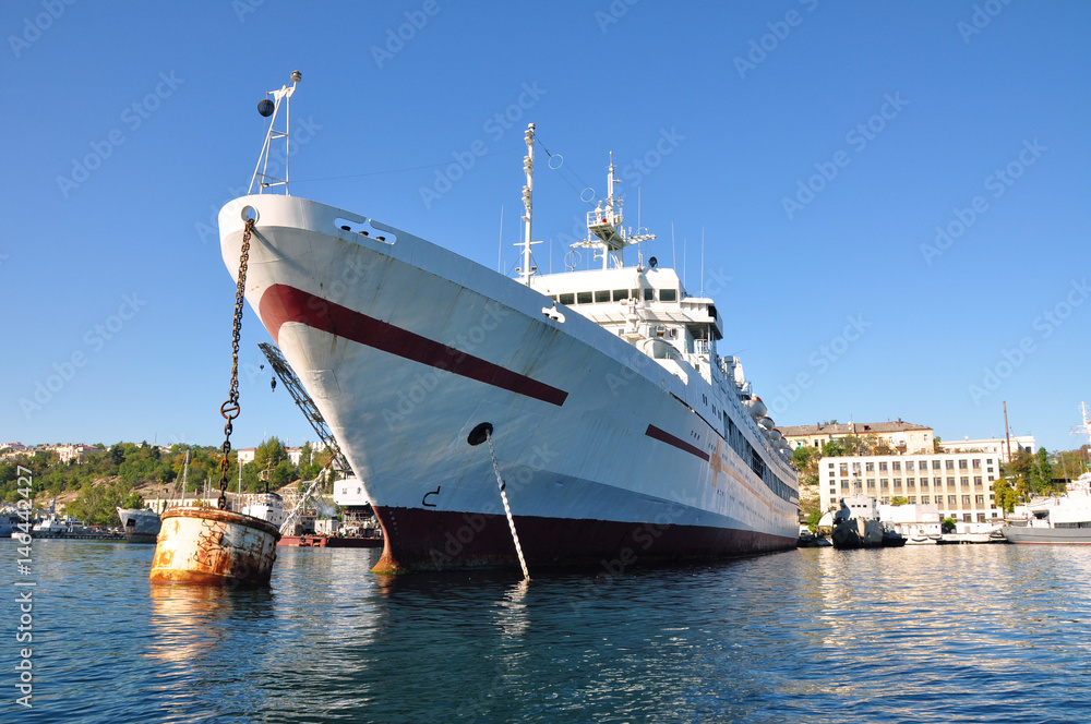 Medical white ship  with a red cross in port