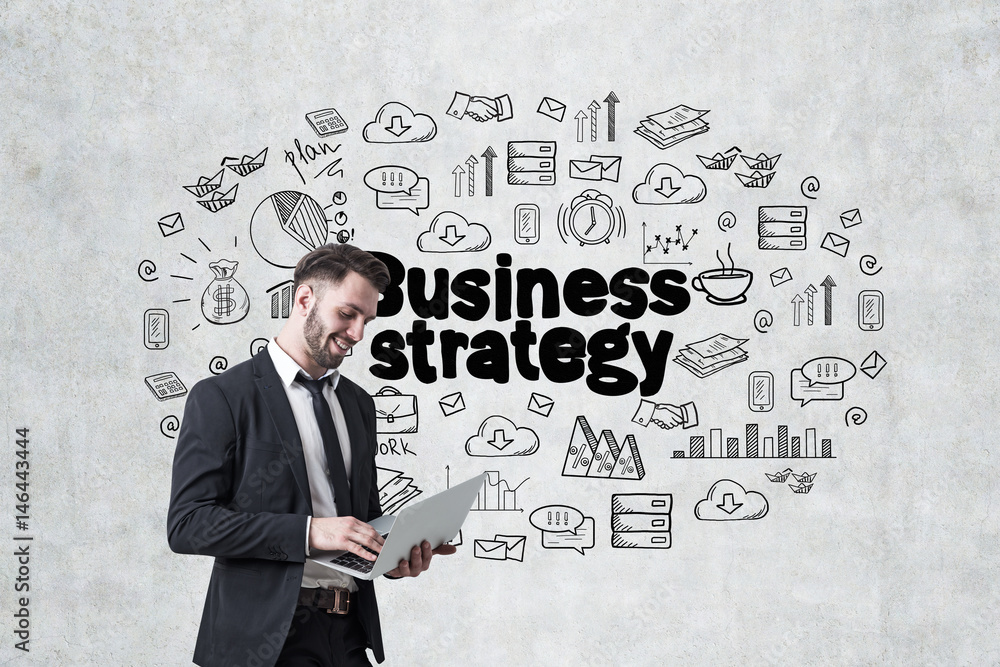 Man with laptop and business strategy Man with laptop and business strategy