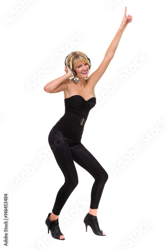 full length photo of attractive woman dancer with headphones, isolated on white