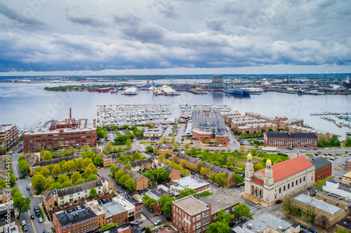 Aerial view of Canton and the Patapsco River in Baltimore, Maryland.