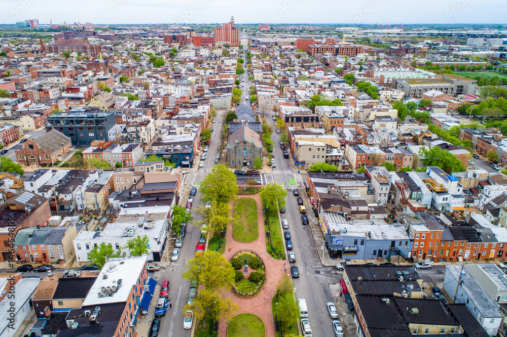 Aerial view of O'Donnell Square in Canton, Baltimore, Maryland.