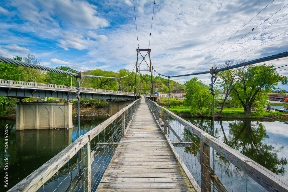 Swinging pedestrian bridge over the James River in Buchanan, Virginia.