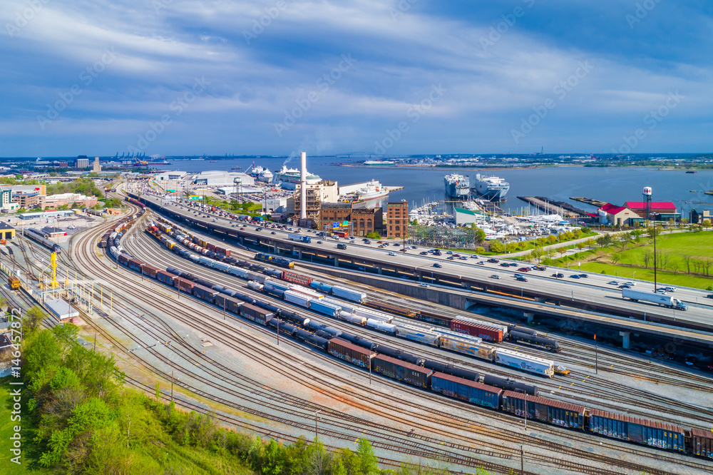 View of a railroad yard and I-95 in Riverside, Baltimore, Maryland.
