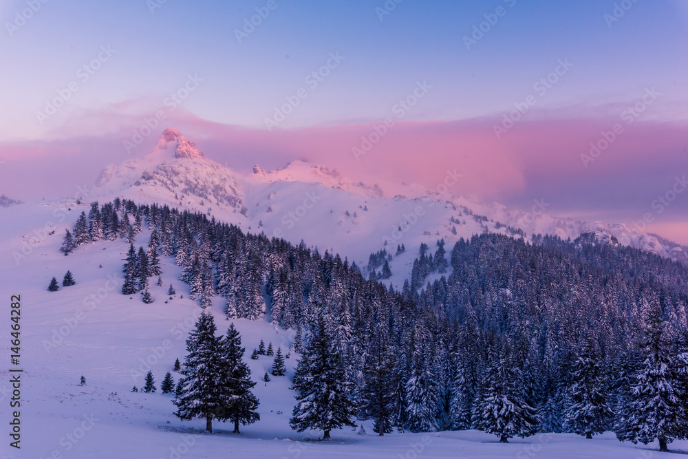 Colored morning light over the Carpathian Mountains