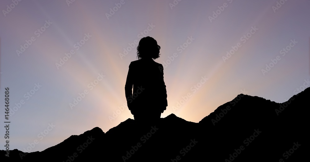 Silhouette executive standing on mountain during sunset