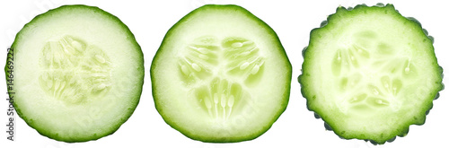 Obraz na płótnie Three kinds of cucumbers, fresh juicy slices cucumber on a white background, iso