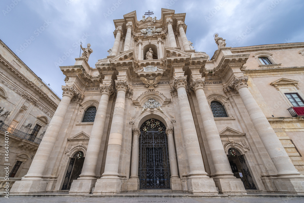 Front view on Syracuse Cathedral on Ortygia isle, Syracuse city, Sicily Island in Italy