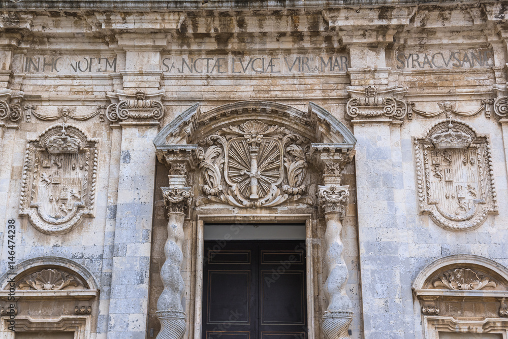 Details of Abbey Church of Saint Lucy at Cathedral Square on Ortygia isle, Syracuse city, Sicily Island in Italy