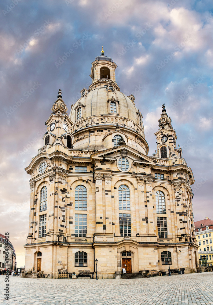 Famous landmark of the Dresden city - Frauenkirche Church of Our Lady in the old town, panorama shot