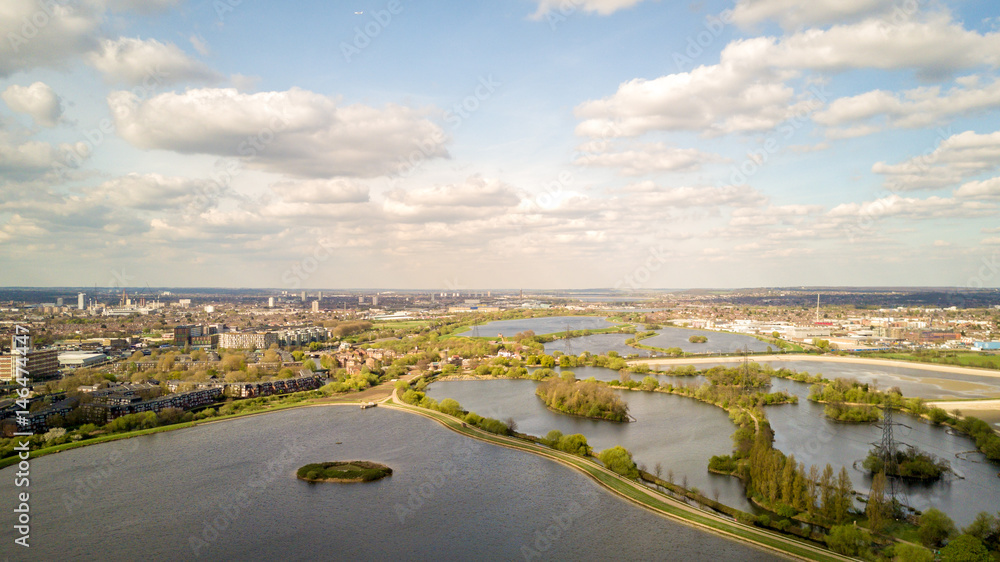 Fototapeta premium Walthamstow Reservoirs, London. Aerial drone view of the network of reservoirs near Walthamstow in North East London.