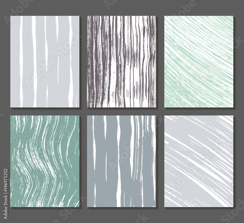Set of 6 textures. Lines, bands, waves. Abstract shapes drawn in ink. Backgrounds in gray, turquoise and white. Hand drawn. Vector illustration.