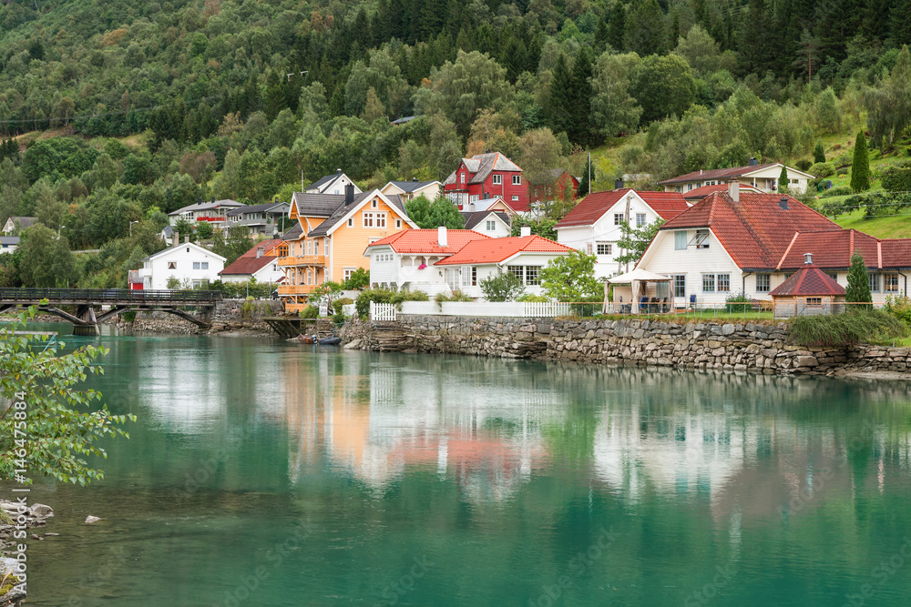 Town Stryn on river bank