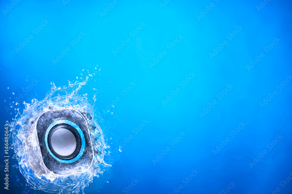 A speaker coming out of water, speaker jump out of blue water, sound  vibrating, splash, music in summer, pool, audio wallpaper, cool, cold,  refreshing, bass, Photos | Adobe Stock