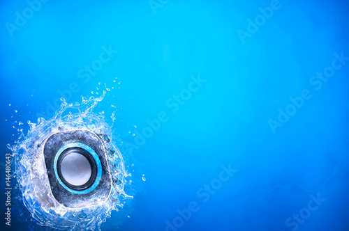 A speaker coming out of water  speaker jump out of blue water  sound vibrating  splash  music in summer  pool  audio wallpaper  cool  cold  refreshing  bass  