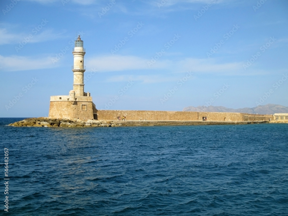 The Venetian Lighthouse of Chania, Historic Landmark at Chania Old Port, Crete Island, Greece 