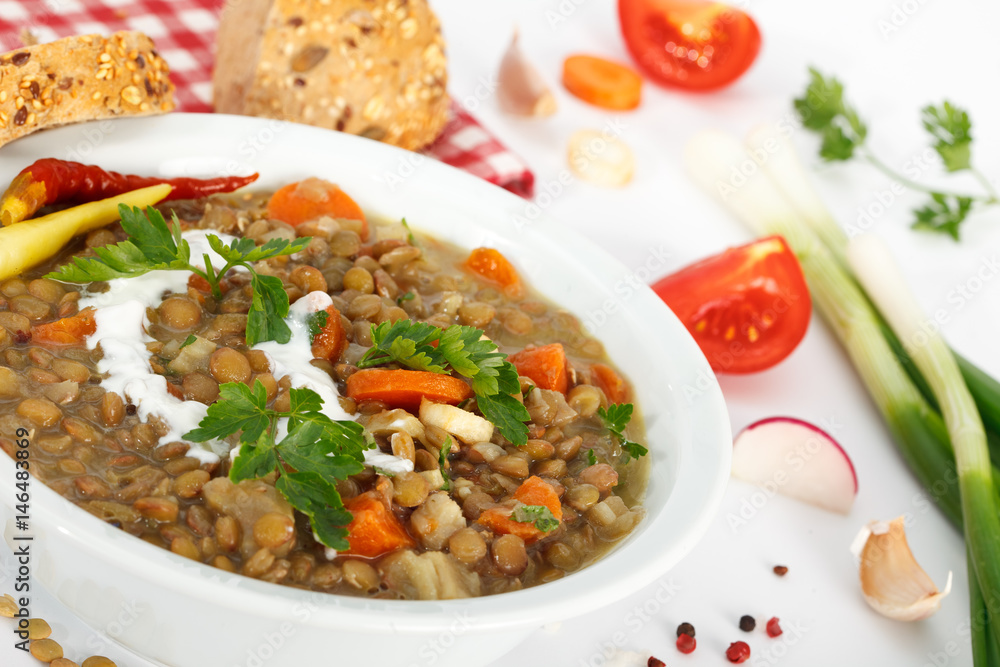 Lentil with carrot and onion in a white bowl. Healthy lifestyle. Diet menu. Lentil with carrot and onion in a white bowl. Healthy lifestyle. Diet menu.