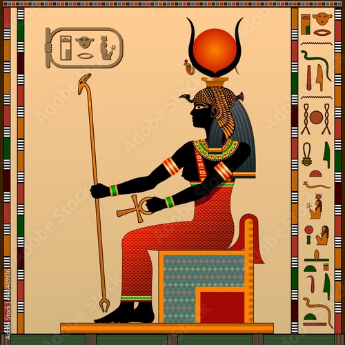 Religion of Ancient Egypt. Hathor is the goddess of love, heaven, beauty and art. Ancient Egyptian goddess Hathor in the guise of a woman on the throne. Vector illustration.
 photo